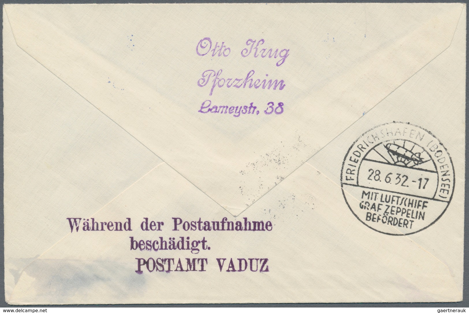 00642 Zeppelinpost Europa: 1932, Liechtenstein - DAMAGE DURING POSTAL PICKUP. On The Reverse Violet Three - Autres - Europe