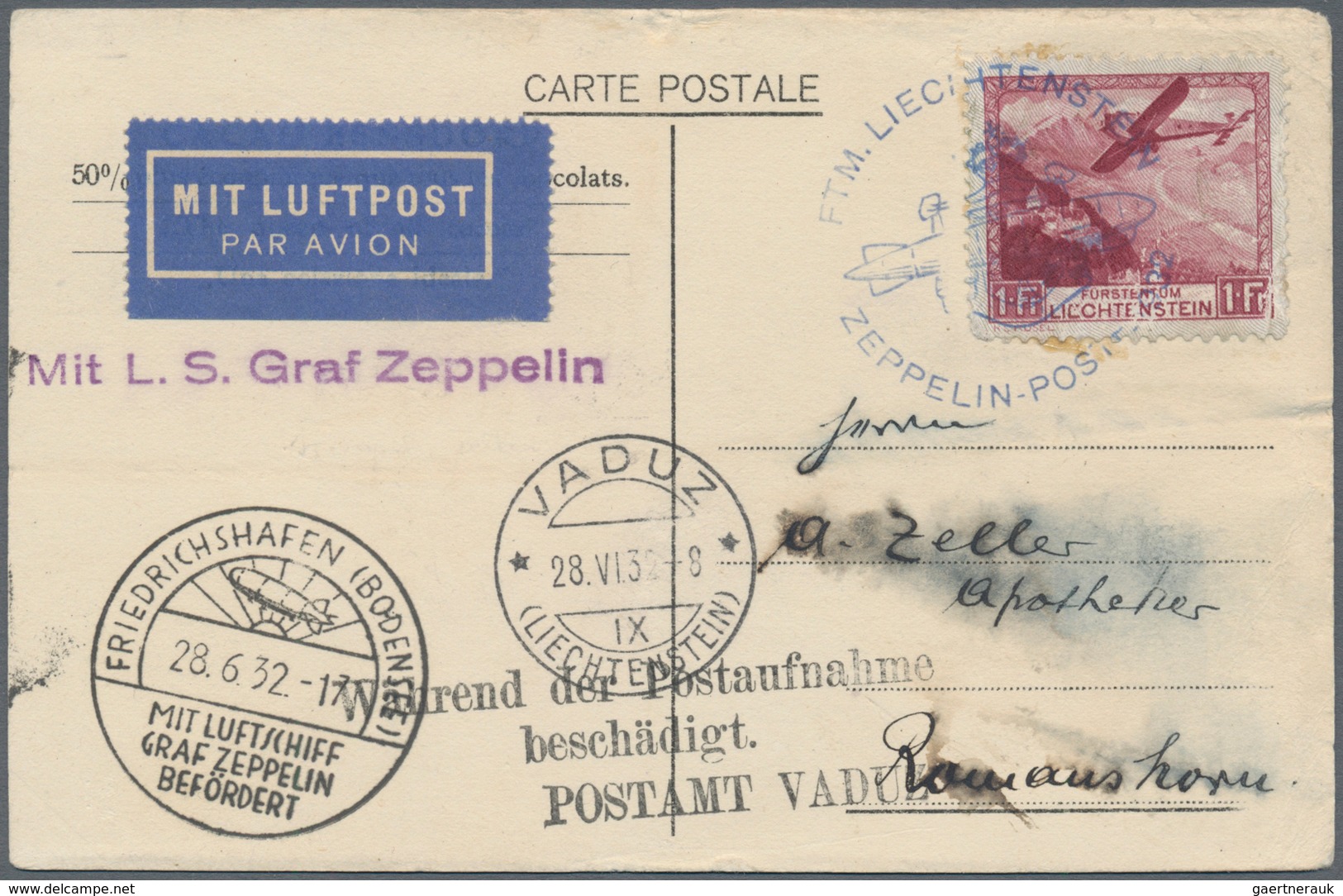 00643 Zeppelinpost Europa: 1932, Liechtenstein - DAMAGE DURING POSTAL PICKUP. Front Side Black Three Line - Europe (Other)