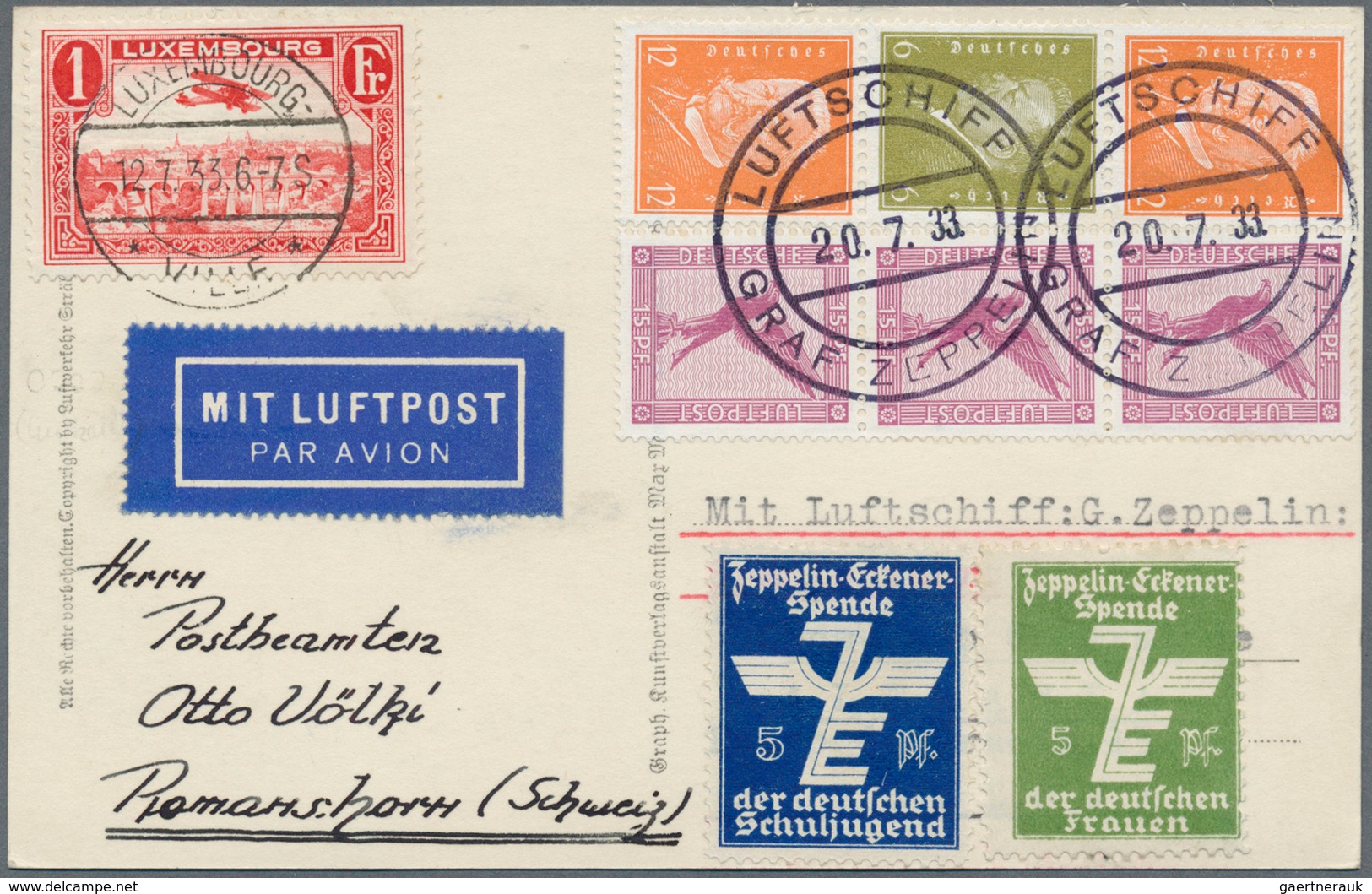 00644 Zeppelinpost Europa: 1933, Luxembourg, Treaty State Zeppelin Card. The Only Luxembourg Card On This - Europe (Other)