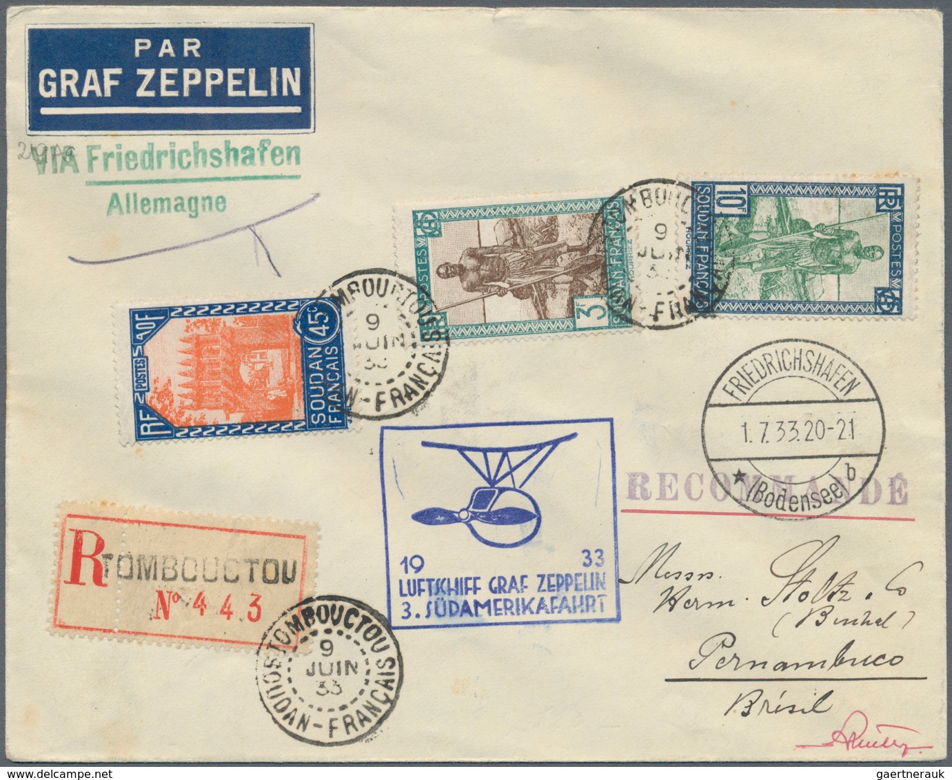 00645 Zeppelinpost Übersee: 1933, French Sudan, Tombouctou, Treaty State Highlight, Registered Cover Via F - Zeppeline