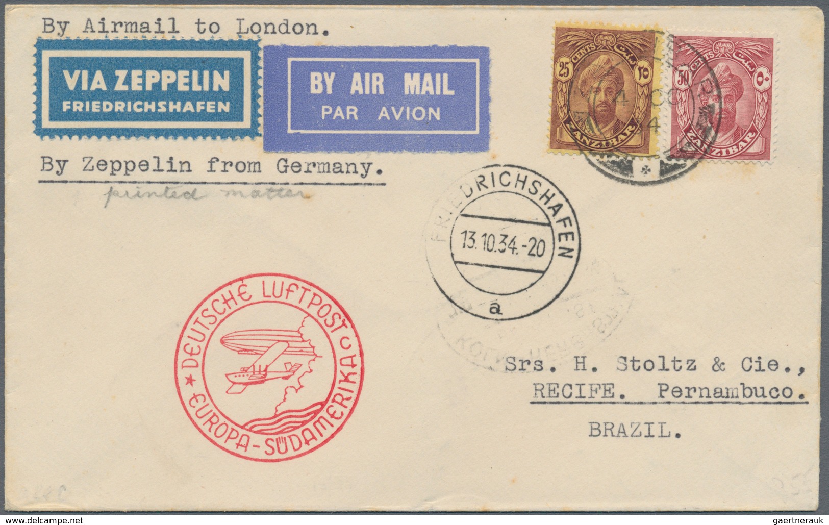 00646 Zeppelinpost Übersee: 1934. Printed Matter 10th Südamerikafahrt, Transmitted Mail ZANZIBAR 4.10.34, - Zeppelin
