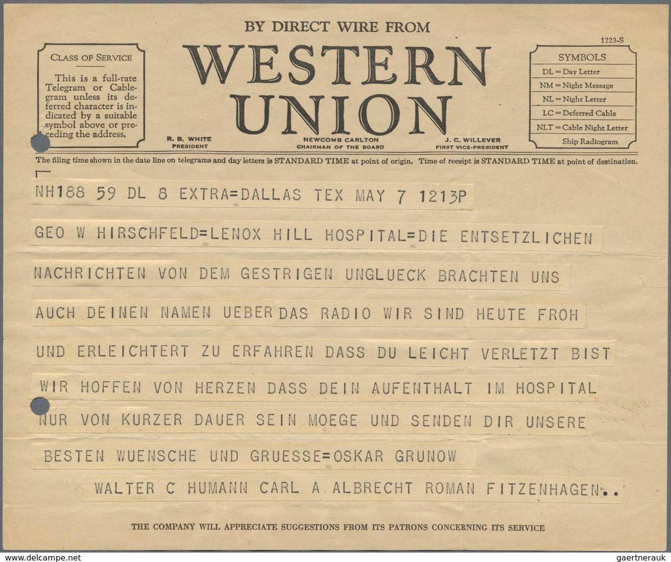 00647 Zeppelinpost Übersee: 1937, Hindenburg Disaster Survivor Correspondence:  - Original Telegram Of "We - Zeppeline