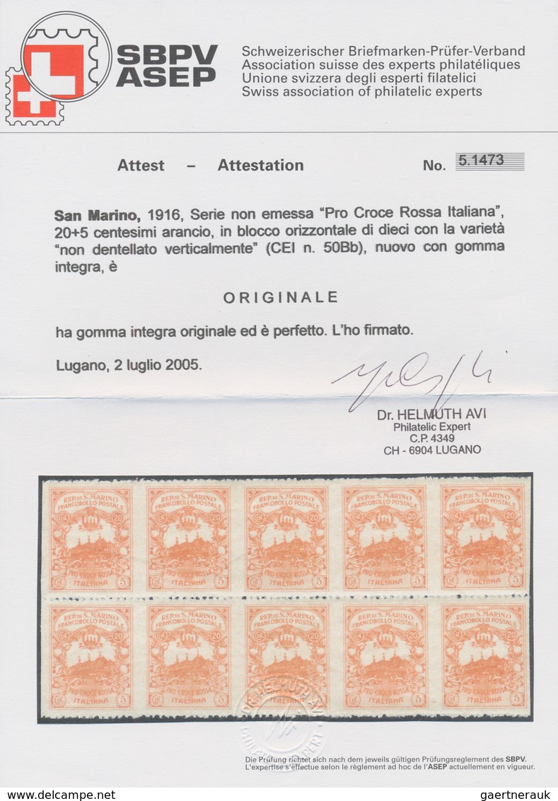 00662 Thematik: Rotes Kreuz / Red Cross: 1916, San Marino. NON-ISSUED Stamp 20+5c, Orange, PRO CROCE ROSSO - Red Cross