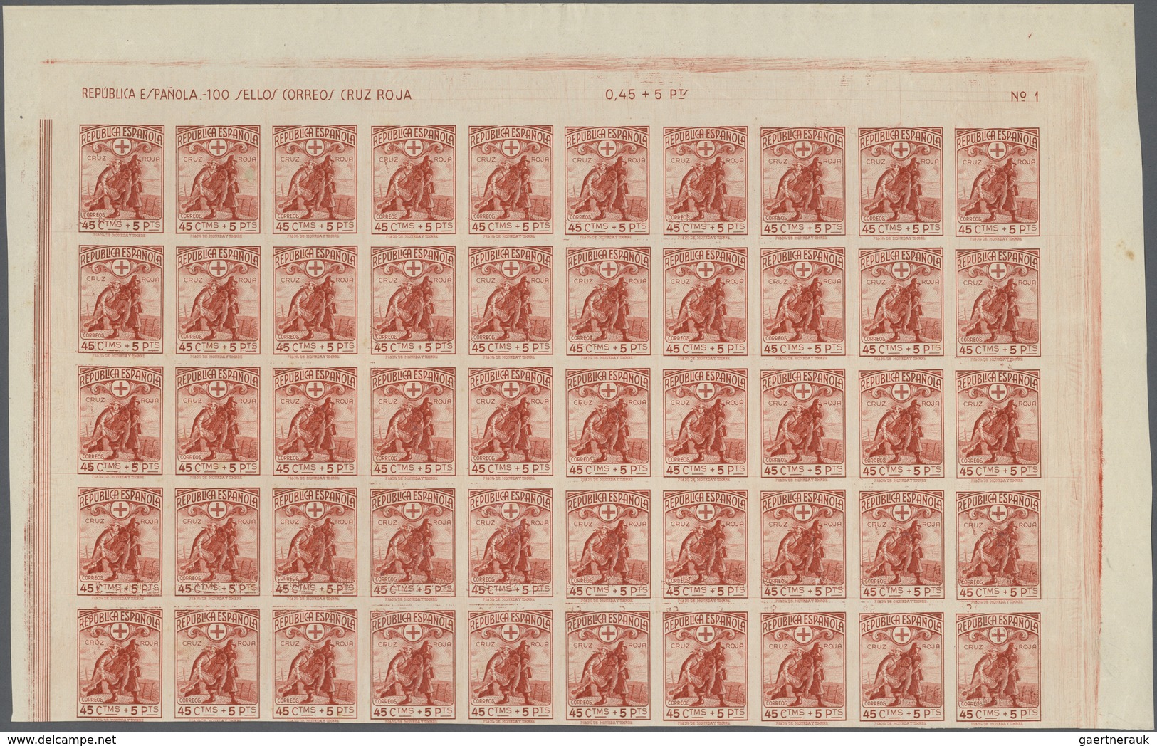 00663 Thematik: Rotes Kreuz / Red Cross: 1938, Spain. IMPERFORATE Upper Partial Sheet With 50 Stamps Of Th - Rode Kruis