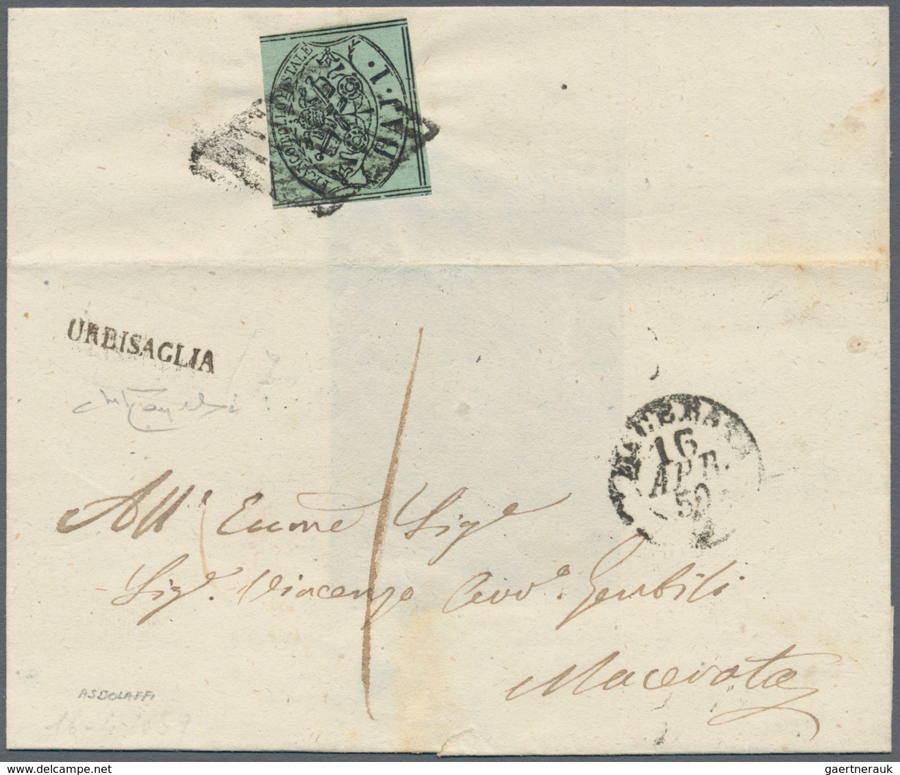 00701 Italien - Altitalienische Staaten: Kirchenstaat: 1859: URBISAGLIA, Very Rare Linear Cancel In Block - Kerkelijke Staten