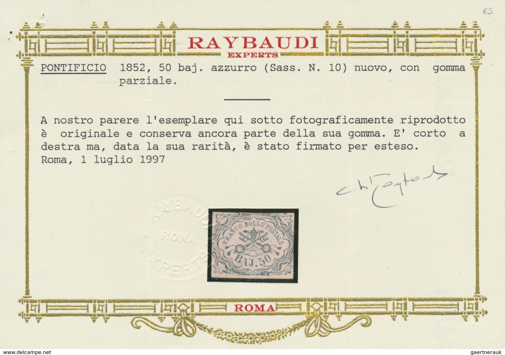 00707 Italien - Altitalienische Staaten: Kirchenstaat: 1852: 50 Baj. Blue Bajocchi, Mint With Partial Gum, - Kerkelijke Staten
