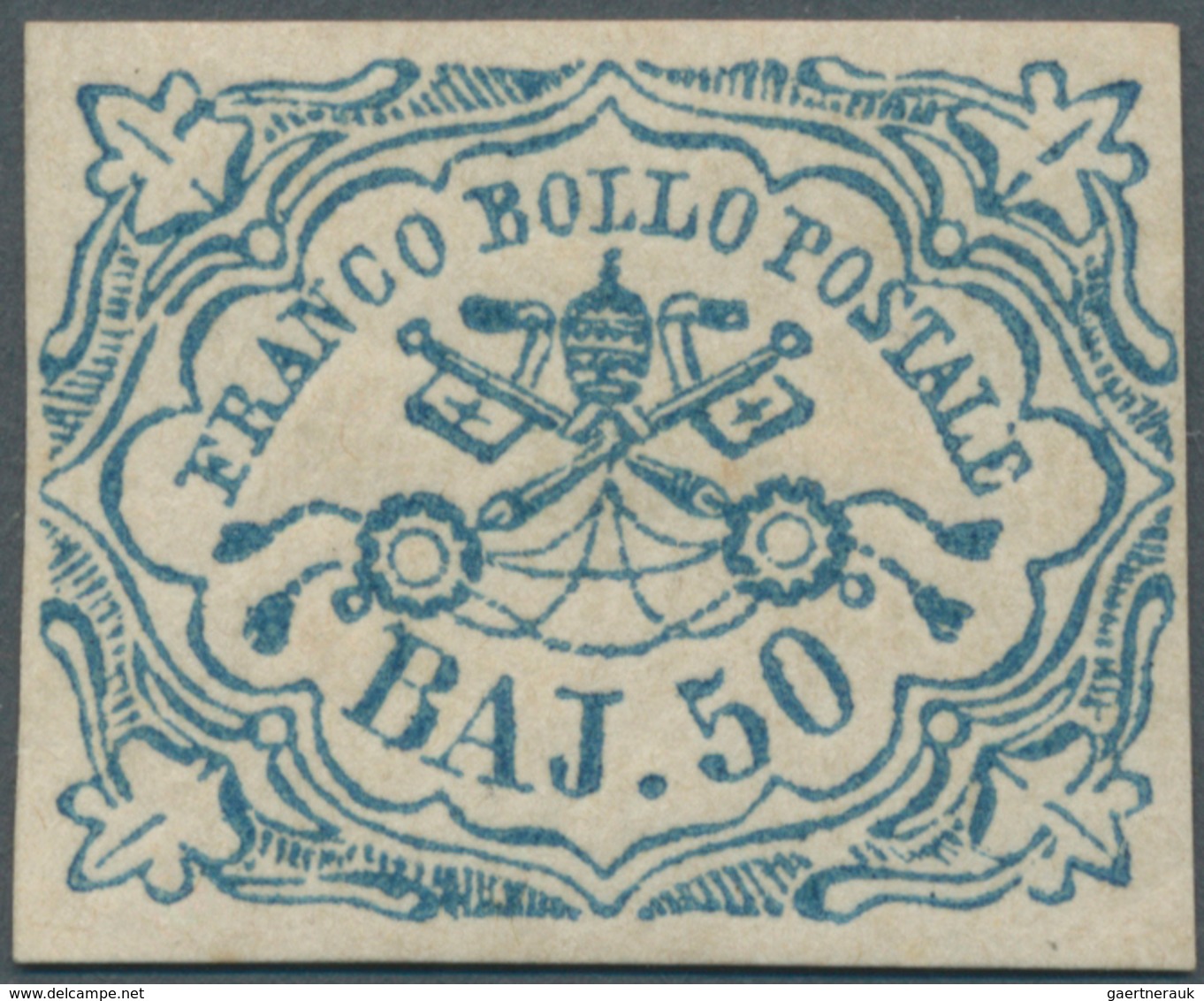 00708 Italien - Altitalienische Staaten: Kirchenstaat: 1852, 50 Baj. Blue, All Sides With Superb Margin, W - Kerkelijke Staten