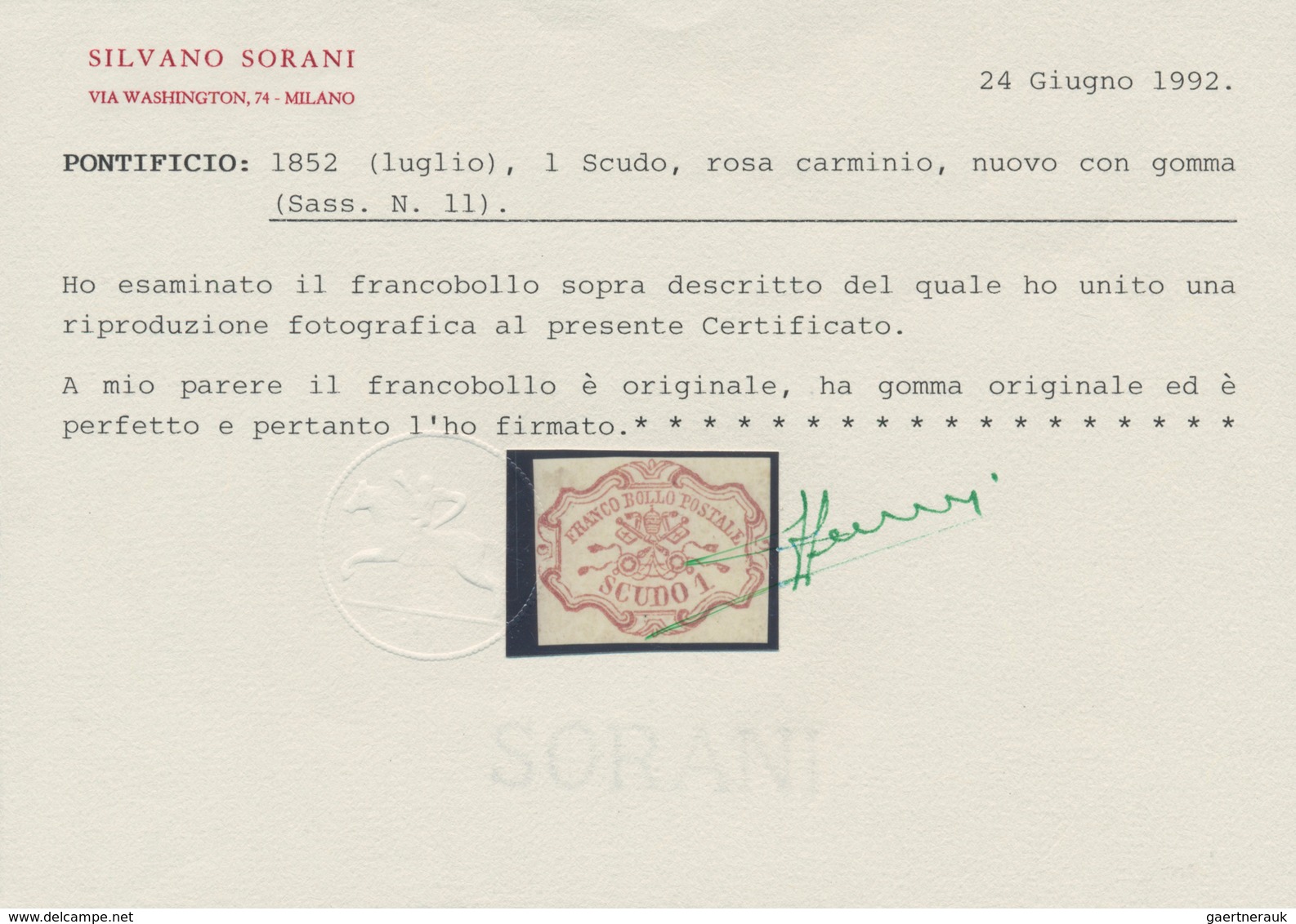 00713 Italien - Altitalienische Staaten: Kirchenstaat: 1852: 1 Scudo Rose Carmine, Mint With Original Gum, - Etats Pontificaux