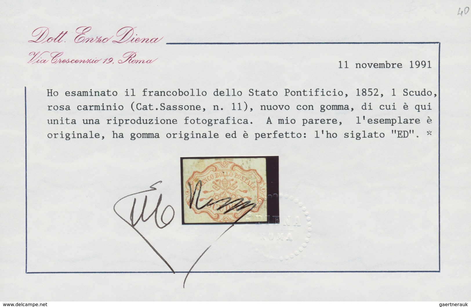 00714 Italien - Altitalienische Staaten: Kirchenstaat: 1852, 1 Scudo Rose Carmine, Mint With Original Gum; - Etats Pontificaux