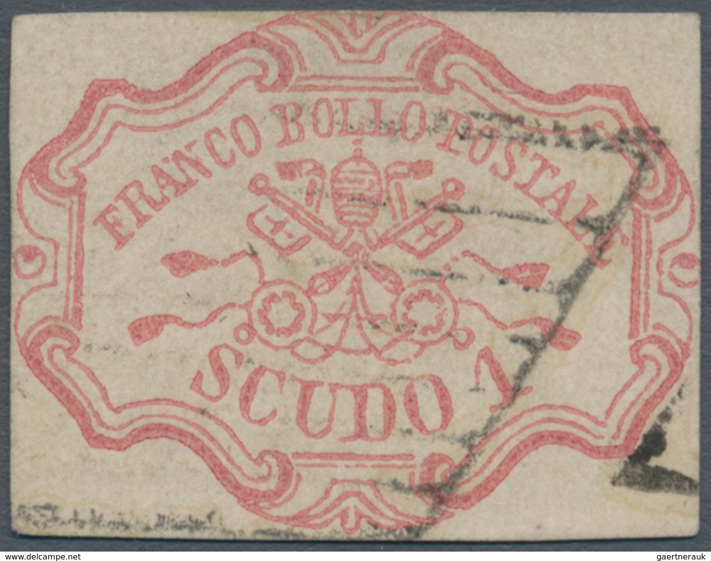 00715 Italien - Altitalienische Staaten: Kirchenstaat: 1852: 1 Scudo Rose Carmine, Cancelled With Parts Of - Etats Pontificaux