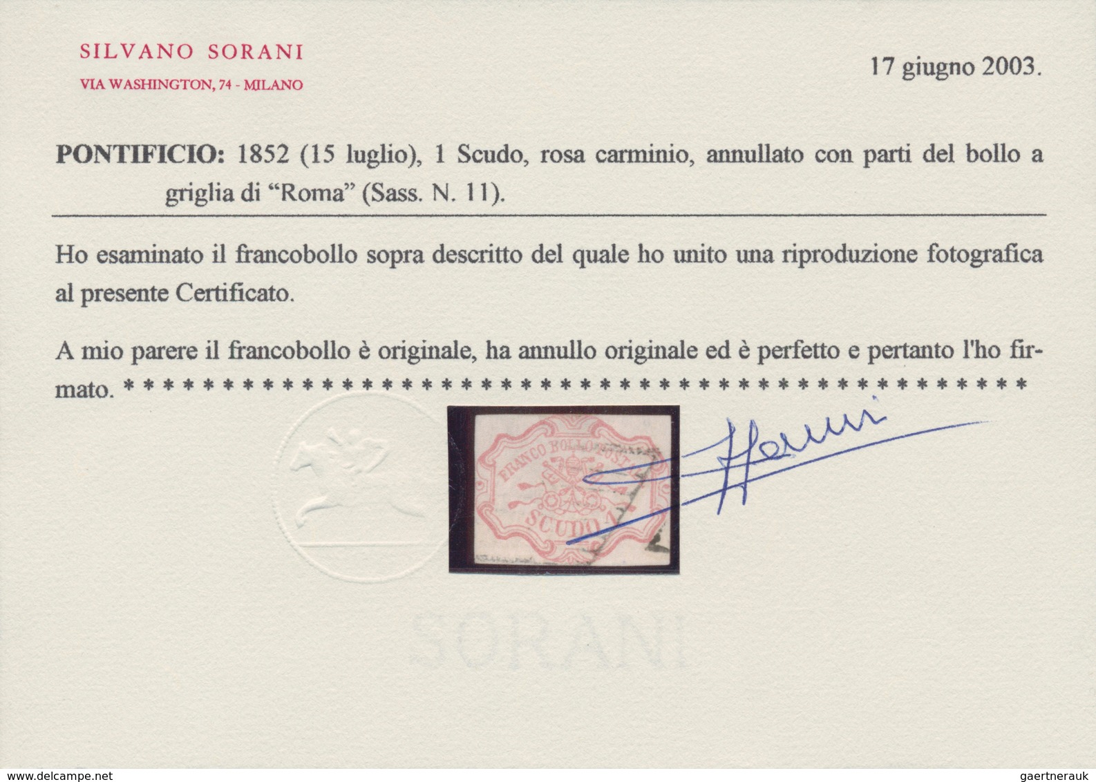 00715 Italien - Altitalienische Staaten: Kirchenstaat: 1852: 1 Scudo Rose Carmine, Cancelled With Parts Of - Papal States