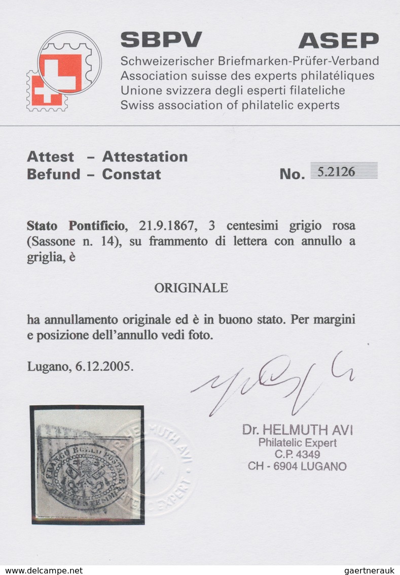 00718 Italien - Altitalienische Staaten: Kirchenstaat: 1867: 3 Cent. Grey Rose Tied To Small Piece By Papa - Etats Pontificaux