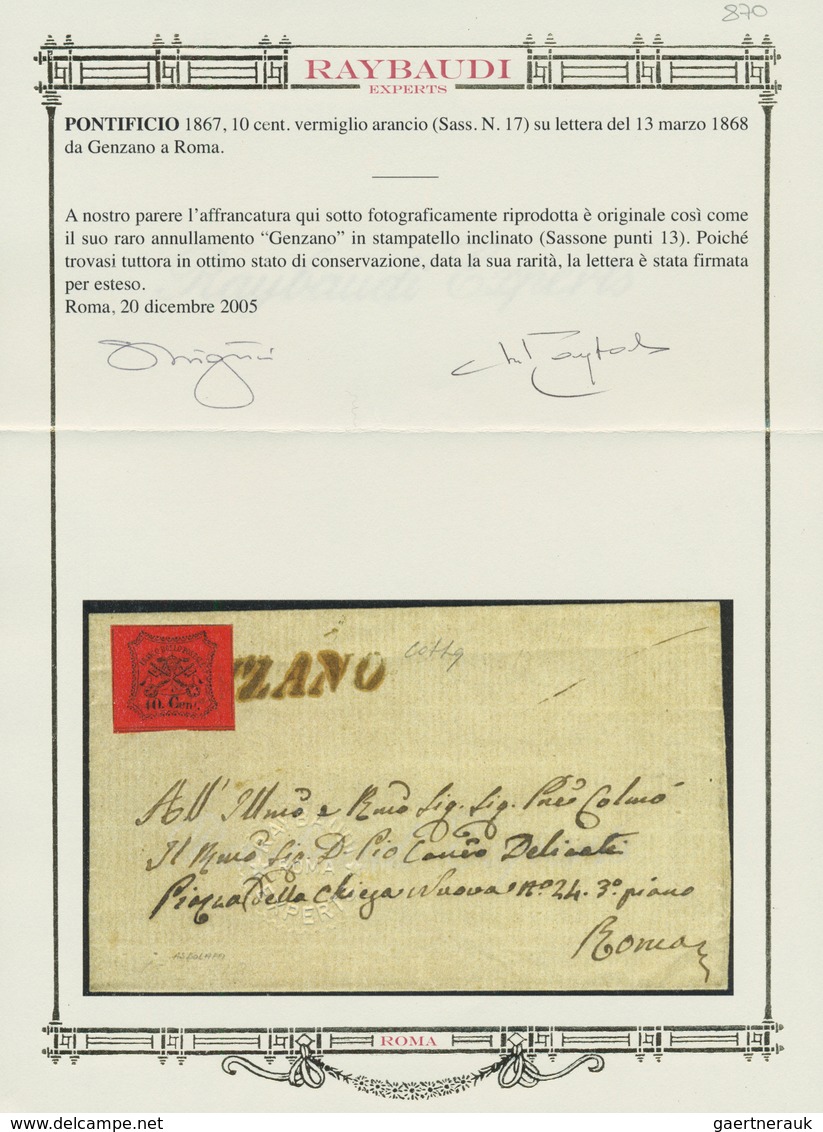 00719 Italien - Altitalienische Staaten: Kirchenstaat: 1867, GENZANO: 10 Cents Orange Vermilion On Letter - Kerkelijke Staten