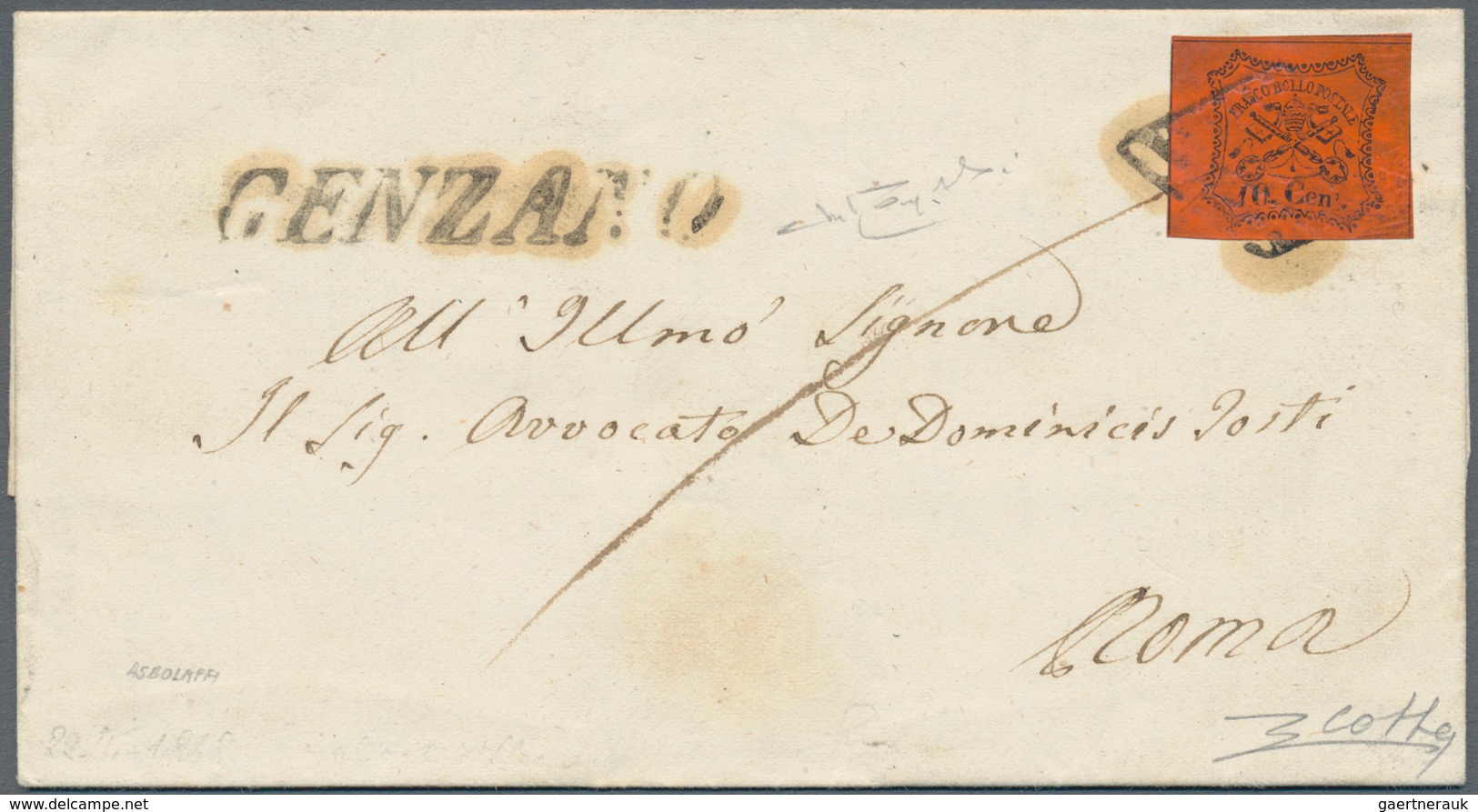 00722 Italien - Altitalienische Staaten: Kirchenstaat: 1867: GENZANO, Very Rare Post Mark In Slant Block L - Etats Pontificaux