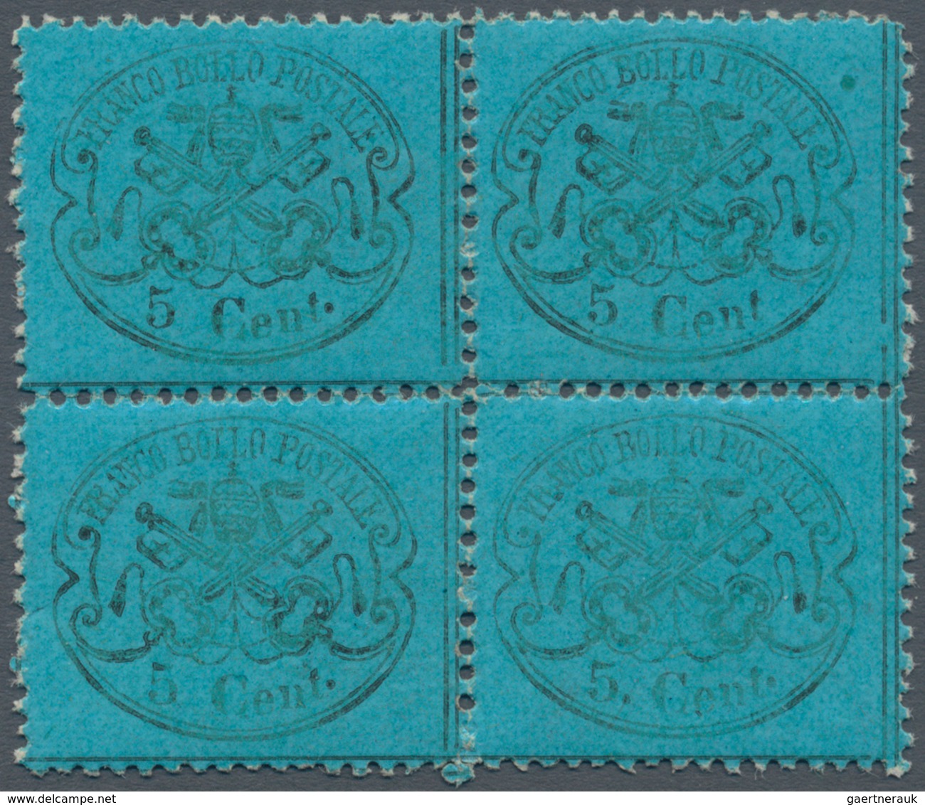 00725 Italien - Altitalienische Staaten: Kirchenstaat: 1868, 5 Cents, Dark Blue, Block Of Four MNH, Three - Papal States