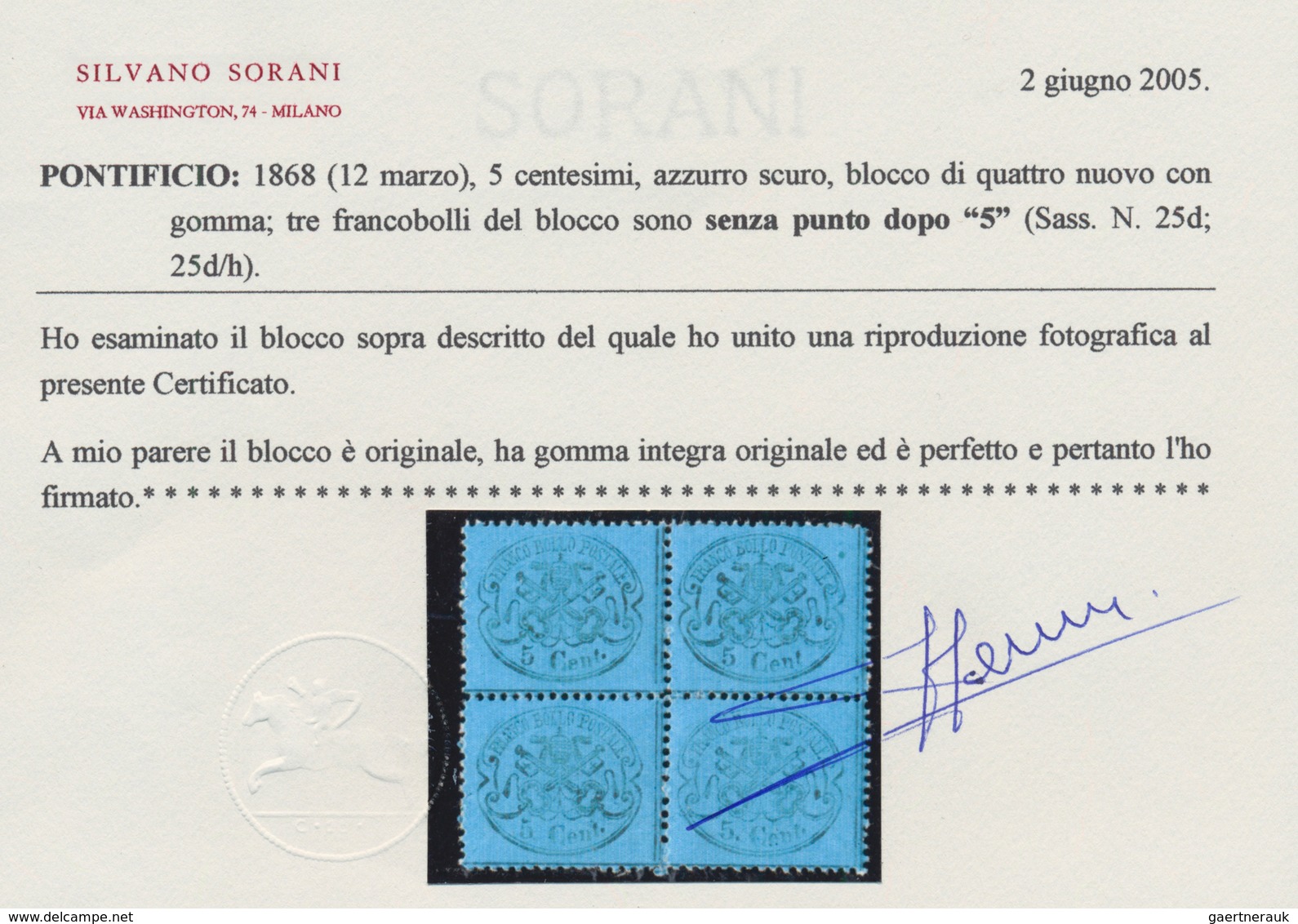 00725 Italien - Altitalienische Staaten: Kirchenstaat: 1868, 5 Cents, Dark Blue, Block Of Four MNH, Three - Kerkelijke Staten