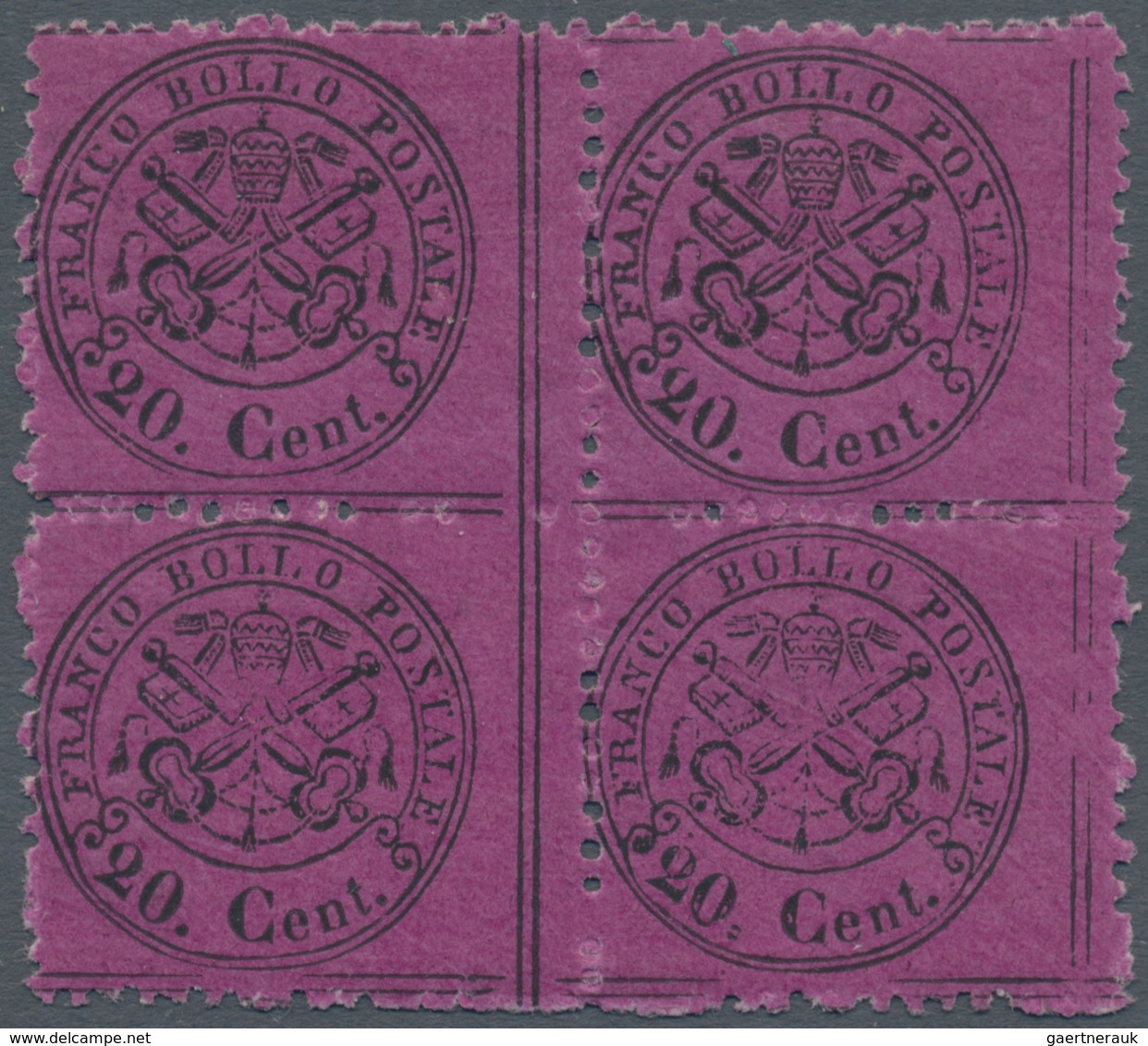 00726 Italien - Altitalienische Staaten: Kirchenstaat: 1868, 20 Cents Violet, Glossy Paper, Block Of Four, - Kirchenstaaten