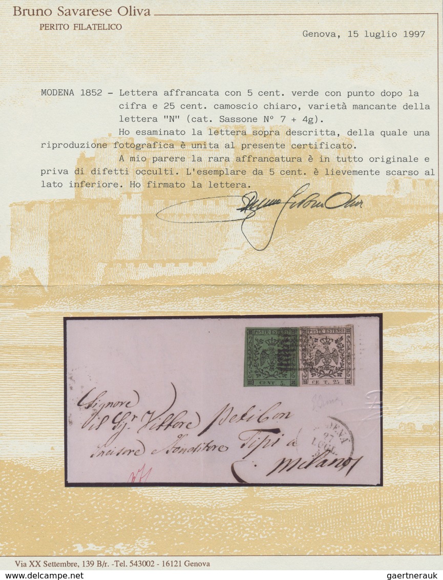 00732 Italien - Altitalienische Staaten: Modena: 1852, Letter Franked With 5 Cents Green, With Dot After T - Modena