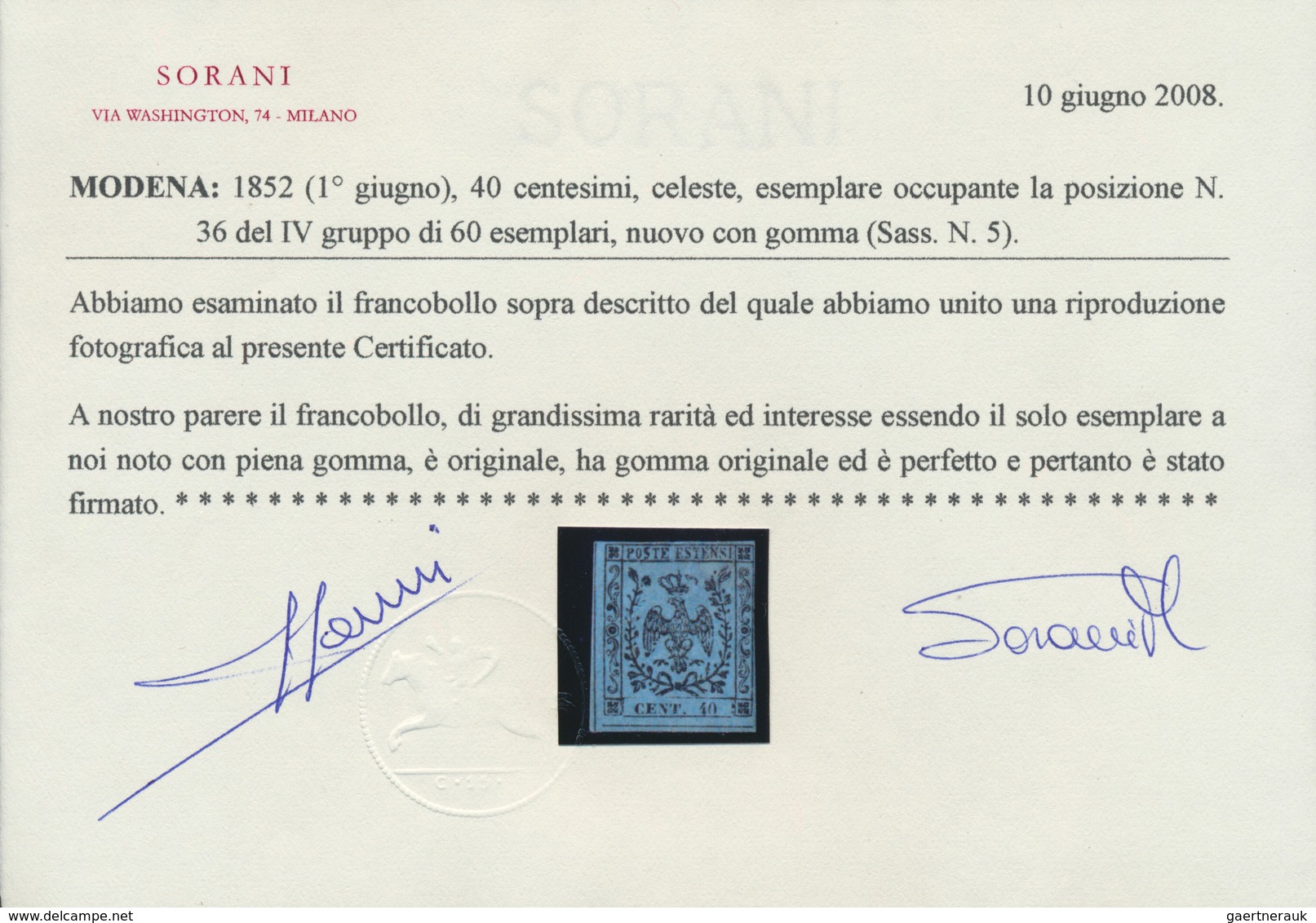 00733 Italien - Altitalienische Staaten: Modena: 1852, 40 Centesimi Black On Pale Blue ("celeste") With Fu - Modena