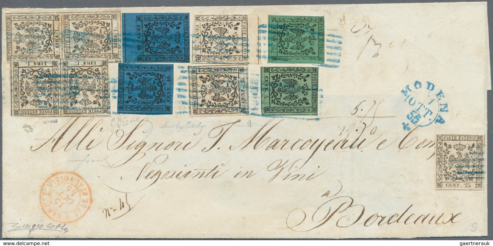 00734 Italien - Altitalienische Staaten: Modena: 1855: Extremely Decorative FIVE COLOUR FRANKING (one Of T - Modène