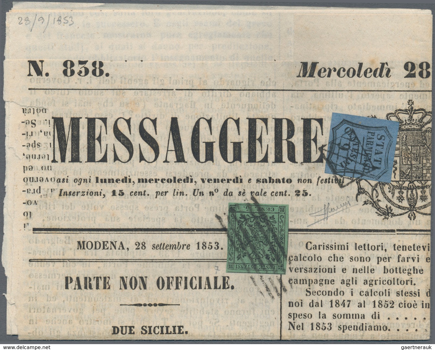 00735 Italien - Altitalienische Staaten: Modena: 1852/1853 : Combination Franking MODENA/PARMA. Modena 185 - Modena