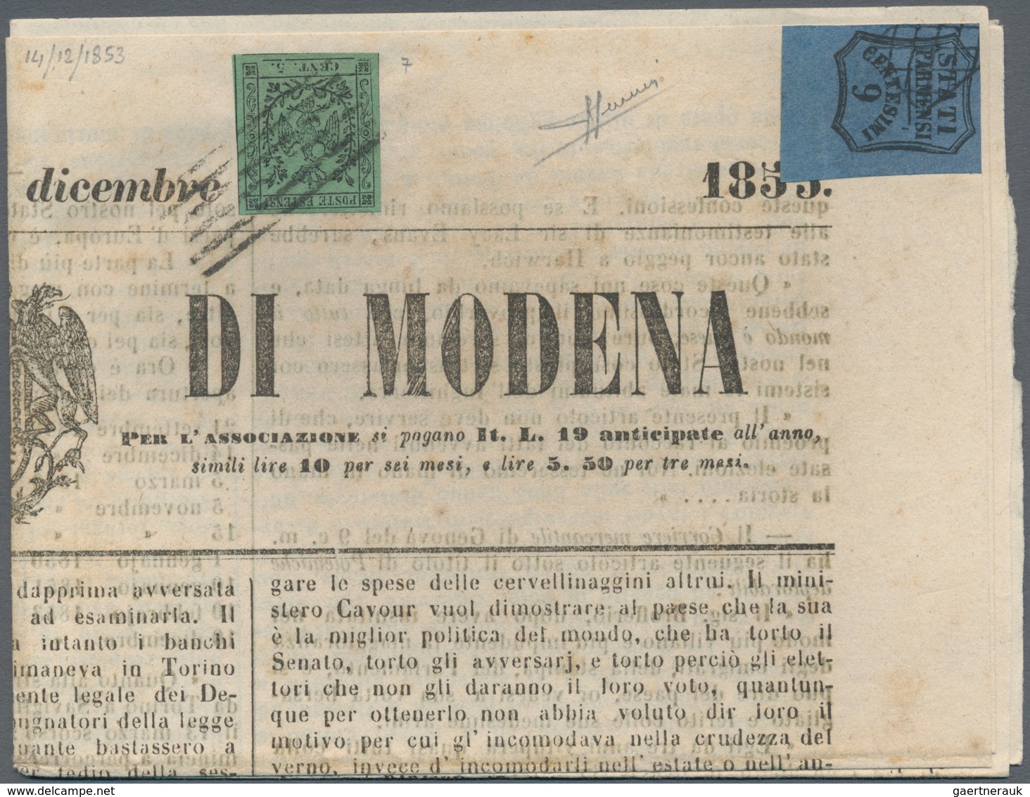 00736 Italien - Altitalienische Staaten: Modena: 1852/1853 : Combination Franking MODENA/PARMA. Modena 185 - Modène