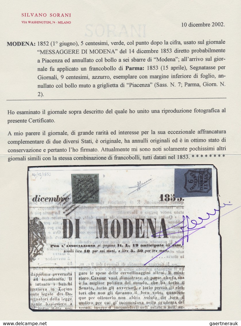00736 Italien - Altitalienische Staaten: Modena: 1852/1853 : Combination Franking MODENA/PARMA. Modena 185 - Modène