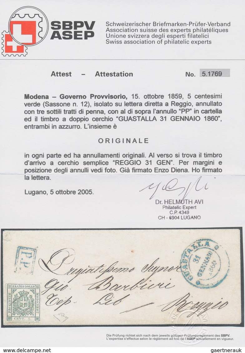 00738 Italien - Altitalienische Staaten: Modena: 1859: Provisorial Government, 5 Cent Green, Single Franki - Modène