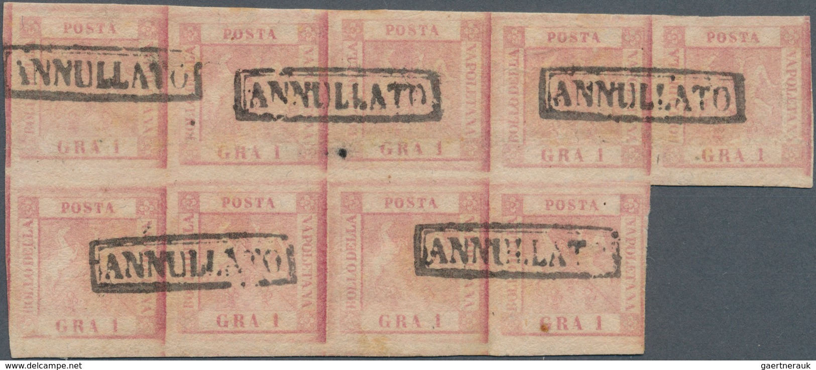 00743 Italien - Altitalienische Staaten: Neapel: 1858, 1 Gr Lila Rosa, Plate 1, Horizontal Block Of 9, Ful - Napels