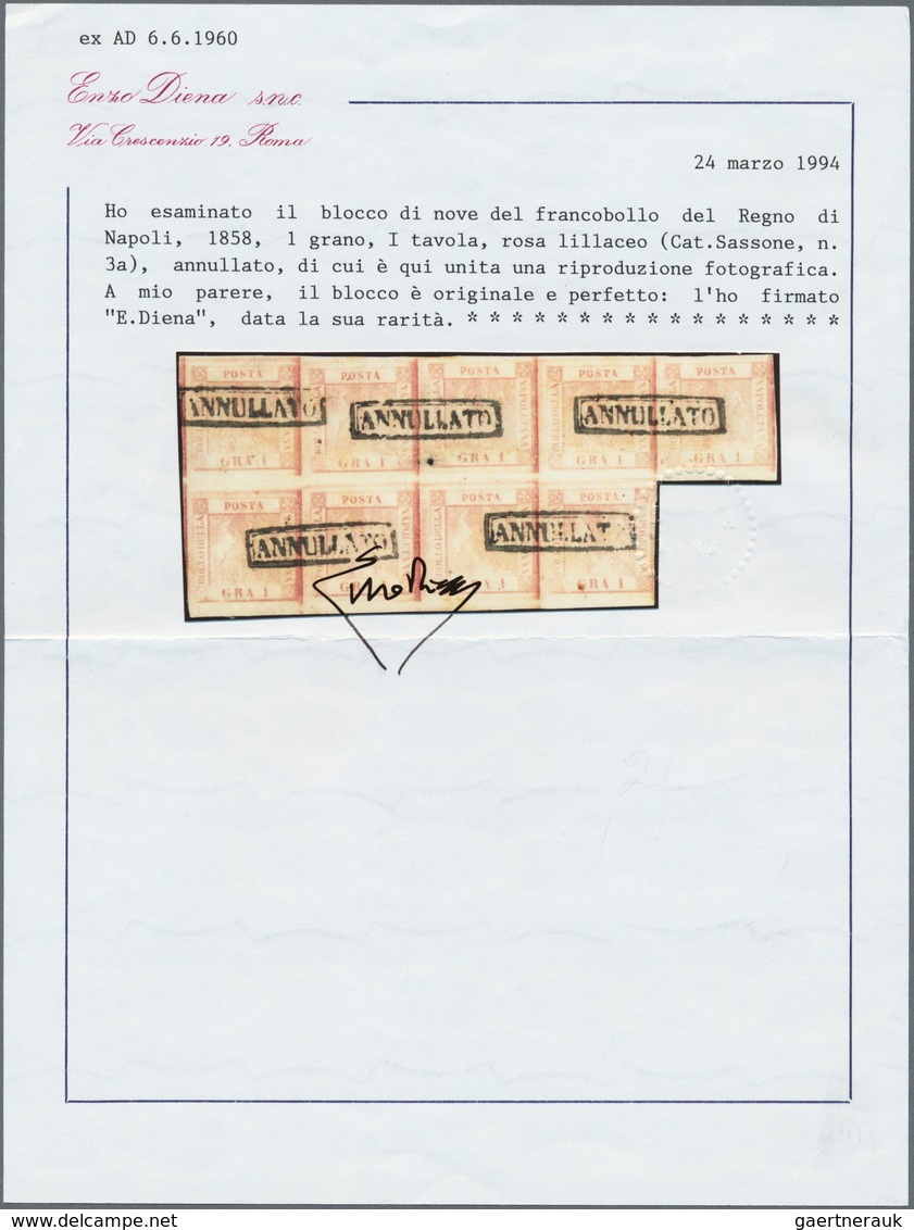 00743 Italien - Altitalienische Staaten: Neapel: 1858, 1 Gr Lila Rosa, Plate 1, Horizontal Block Of 9, Ful - Naples