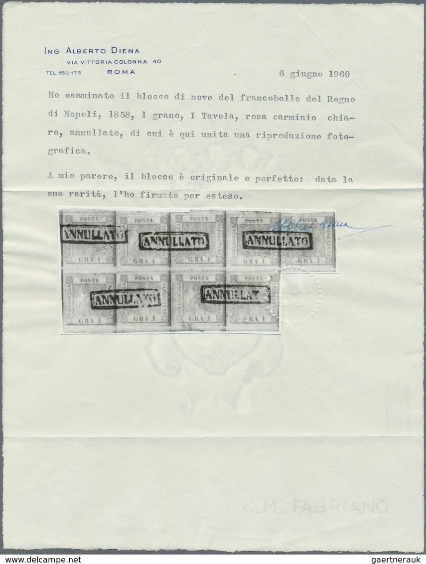 00743 Italien - Altitalienische Staaten: Neapel: 1858, 1 Gr Lila Rosa, Plate 1, Horizontal Block Of 9, Ful - Naples