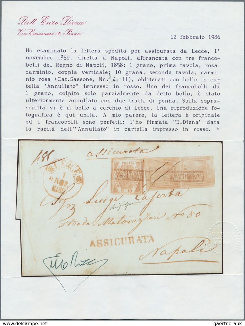 00745 Italien - Altitalienische Staaten: Neapel: 1859: 10 Gr Rose + Pair 1 Gr (Sassone 3 + 11) On Register - Napels