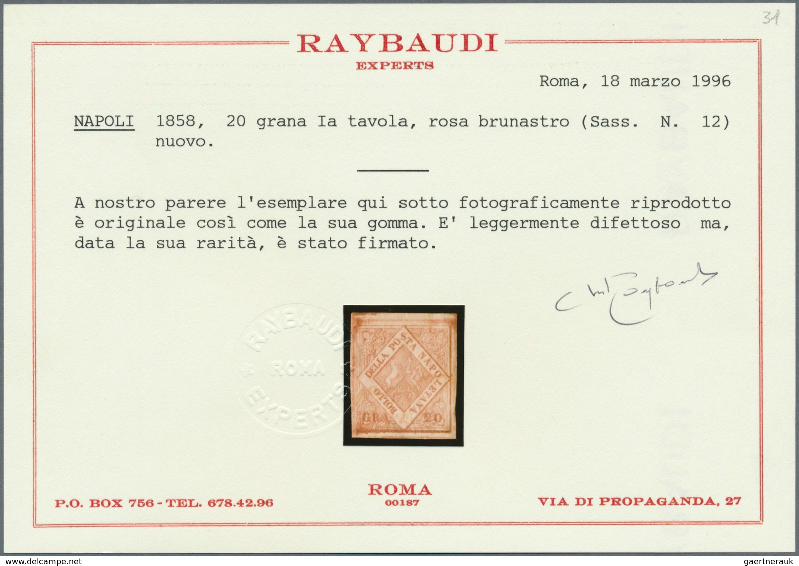 00747 Italien - Altitalienische Staaten: Neapel: 1858: 20 Grana, First Plate, Brownish Rose, Mint With Ori - Napoli