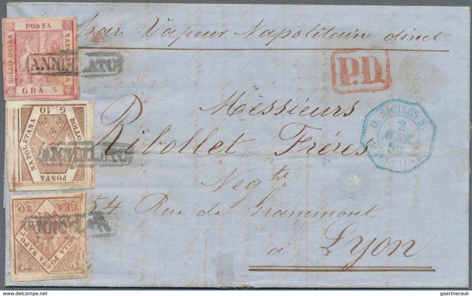 00748 Italien - Altitalienische Staaten: Neapel: 1858: 20 Gr, 10 Gr And 5 Gr On "PD" Letter From NAPLES 29 - Napels