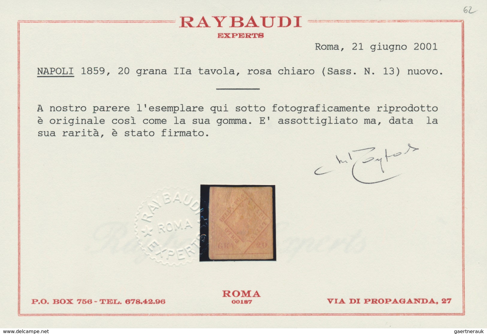 00749 Italien - Altitalienische Staaten: Neapel: 1859, 20 Grana, Second Plate, Unused. Signed A. Diena, Ce - Napoli