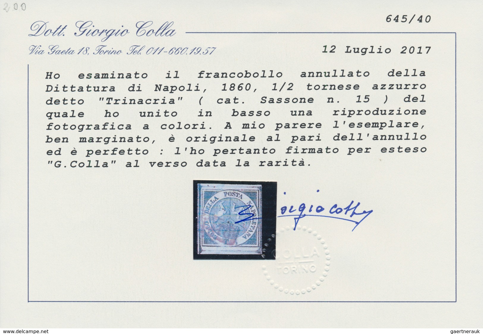 00753 Italien - Altitalienische Staaten: Neapel: 1860: ½ T "Trinacria" Blue, Fresh Colour And Wide Margins - Naples
