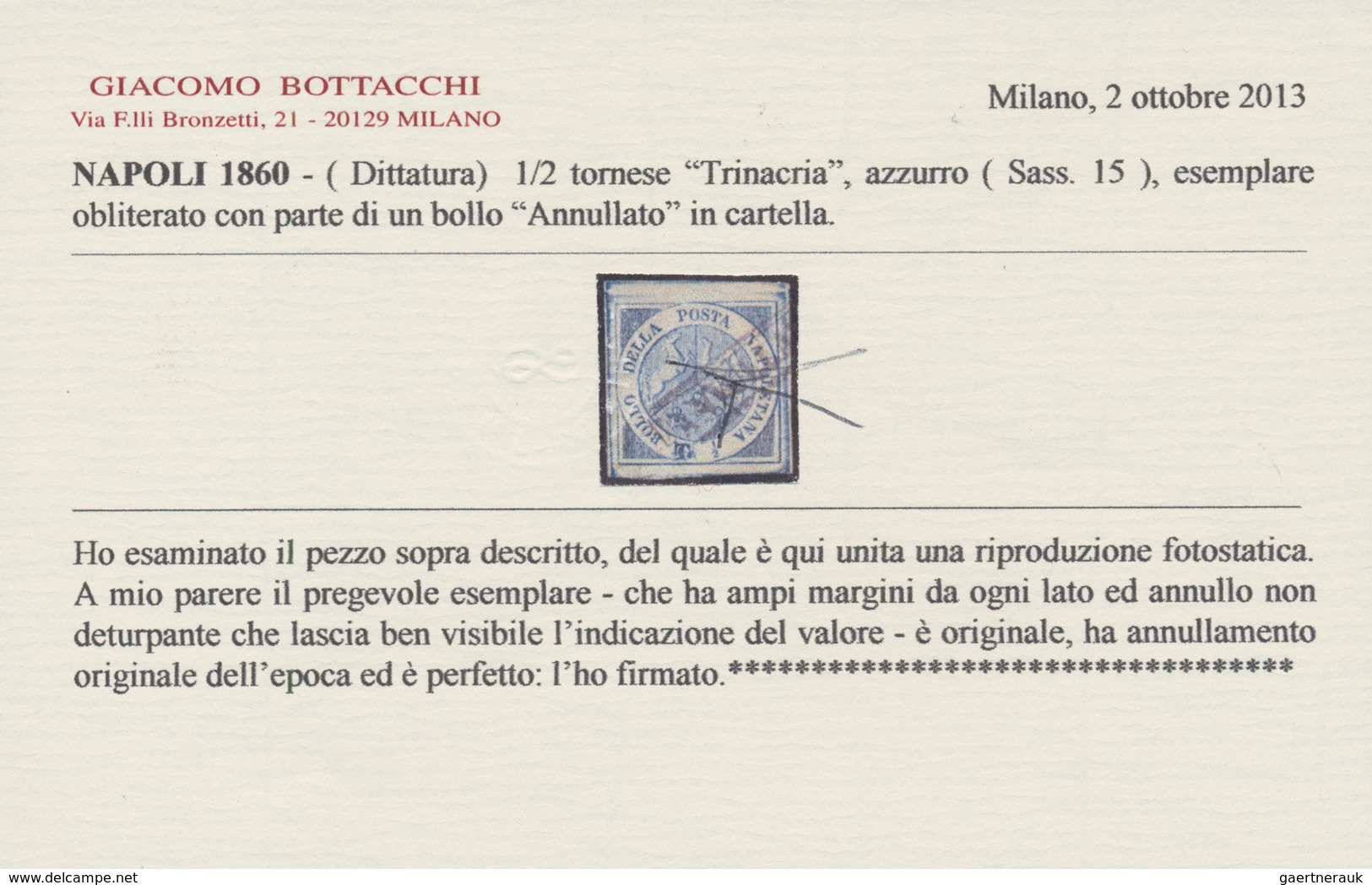 00754 Italien - Altitalienische Staaten: Neapel: 1860: ½ T "Trinacria" Blue, Wonderful Fresh Colour, With - Naples