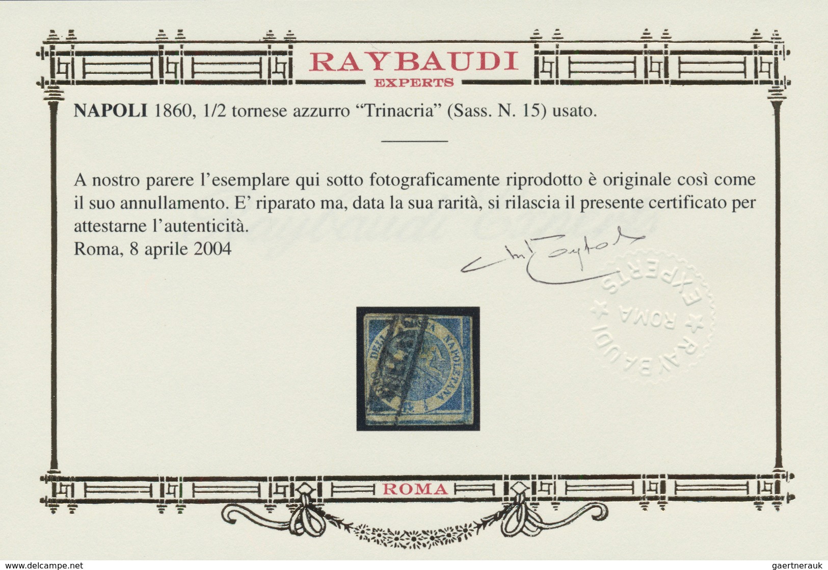 00755 Italien - Altitalienische Staaten: Neapel: 1860, ½ Tornese Blue "Trinacria", Used And Repaired. Cert - Napels