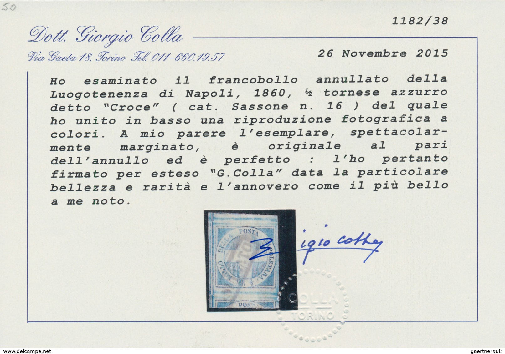 00757 Italien - Altitalienische Staaten: Neapel: 1860: ½ T "Croce Di Savoia" Blue, Fresh Colour, In Specta - Neapel