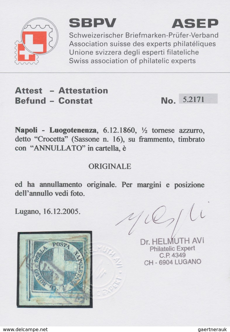 00759 Italien - Altitalienische Staaten: Neapel: 1860: ½ Blue Returns Called "Crocetta", Tied To Small Pic - Napels