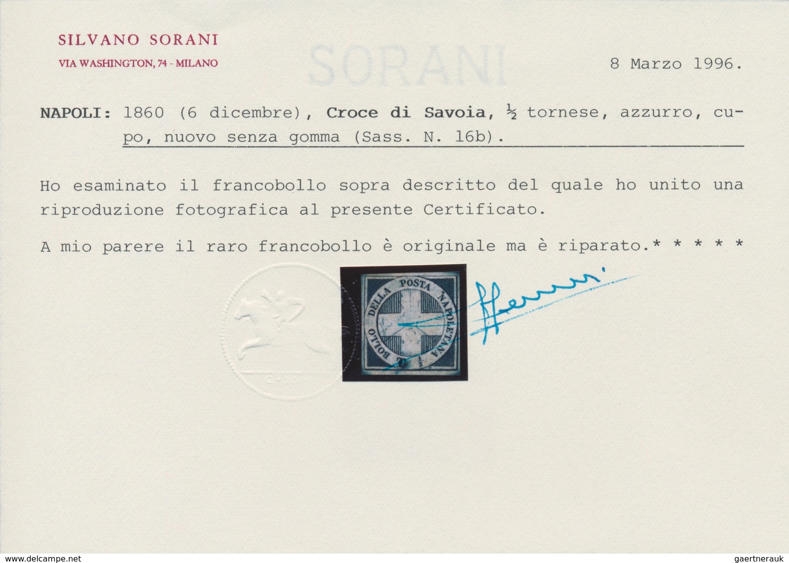 00760 Italien - Altitalienische Staaten: Neapel: 1860, 6. Dec: ½ Tornese, Savoyan Cross, Darc Blue, Mint W - Naples