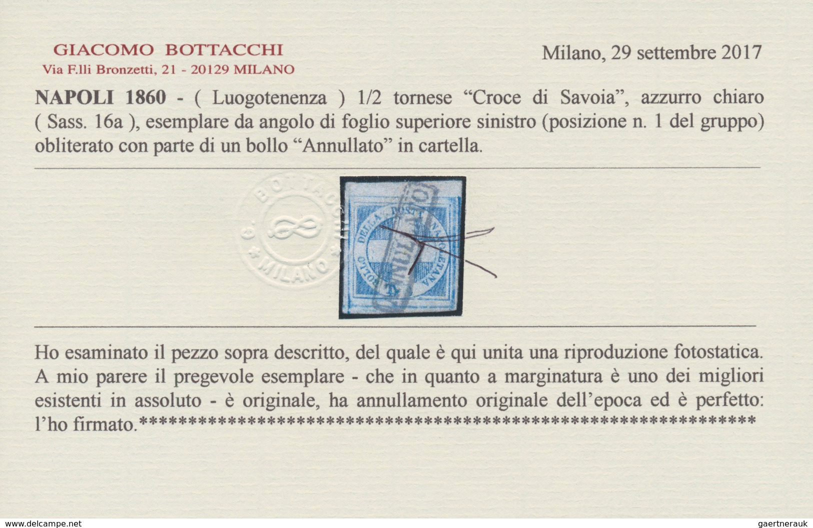 00762 Italien - Altitalienische Staaten: Neapel: 1860: ½ T "Croce Di Savoia", Dark Blue In Wonderfully Int - Napels