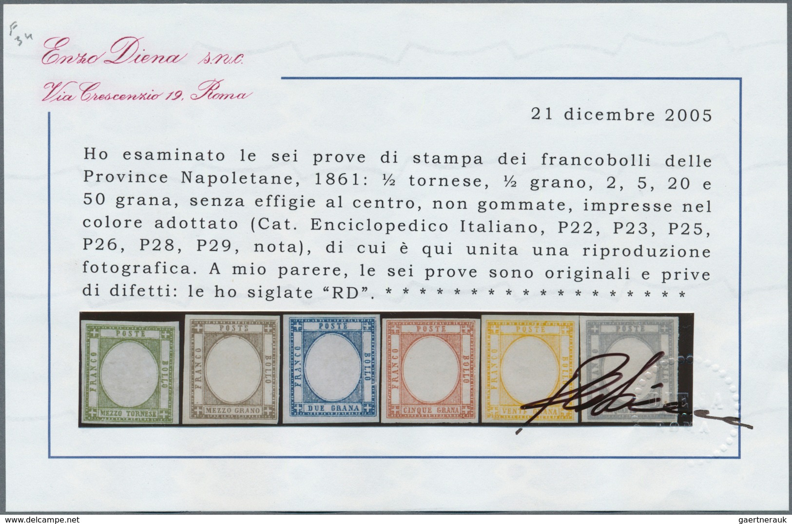 00765 Italien - Altitalienische Staaten: Neapel: 1861: Six Proofs Of The Stamps Of The Neapolitan Province - Naples