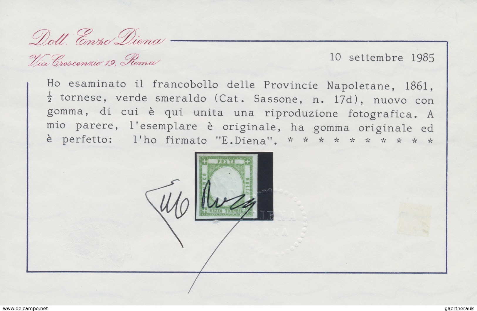 00766 Italien - Altitalienische Staaten: Neapel: 1861, ½ Tornese Emerald Green, Unsued With Gum. Certifica - Napoli