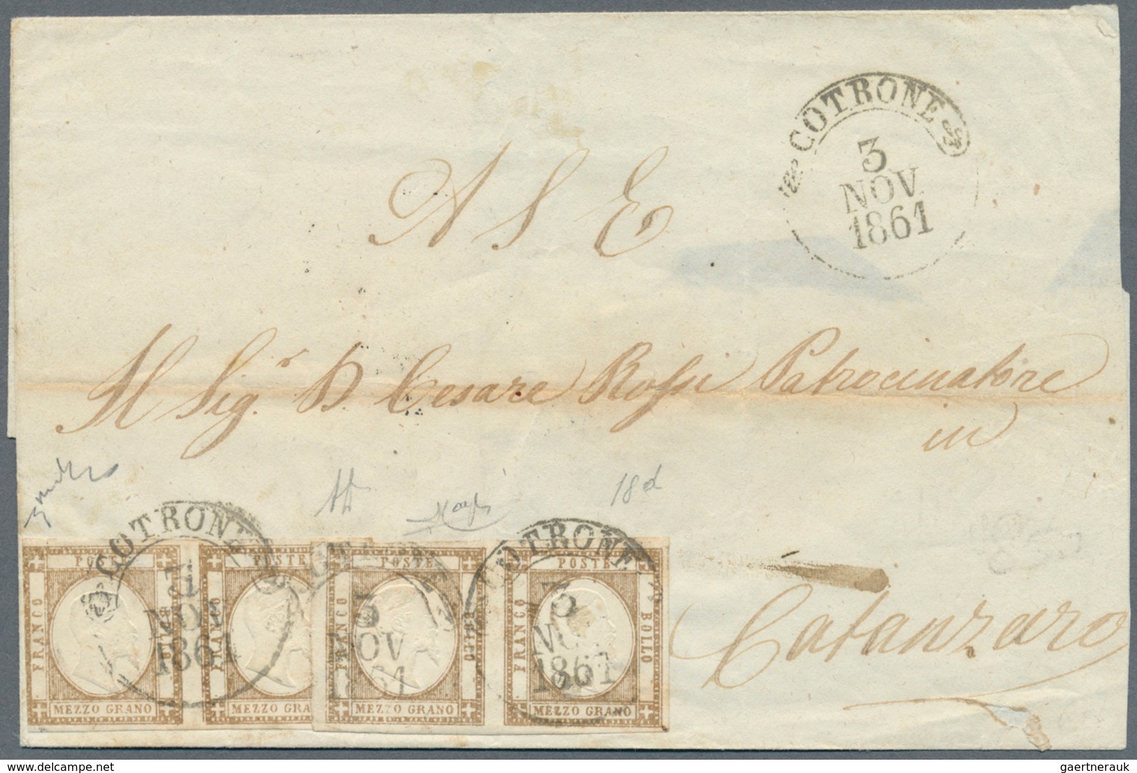 00768 Italien - Altitalienische Staaten: Neapel: 1861, ½ Grana Brown, Two Horizontal Pairs On A Letter To - Naples