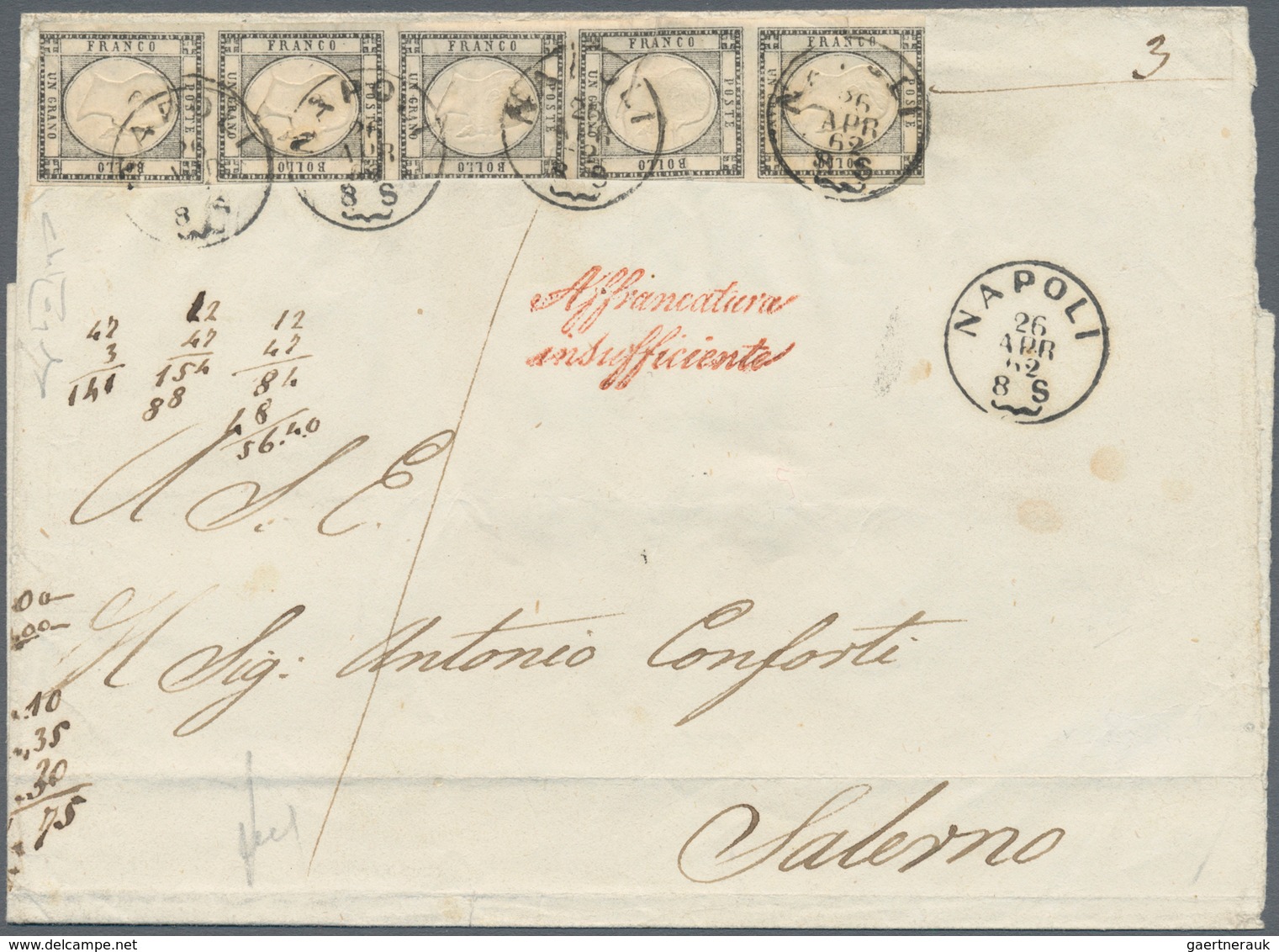 00769 Italien - Altitalienische Staaten: Neapel: 1861: 1 Grano Dark Grey, Strip Of Five, On Letter To Sale - Naples