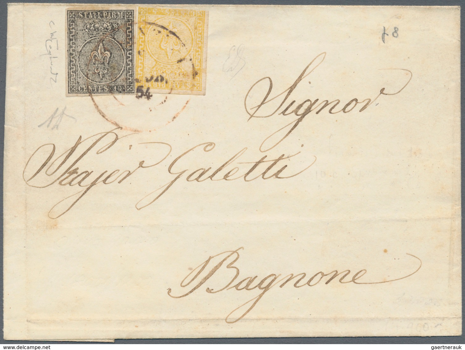 00781 Italien - Altitalienische Staaten: Parma: 1852/1853: 10 Cents White + 5 Cents Very Light Yellow On A - Parme
