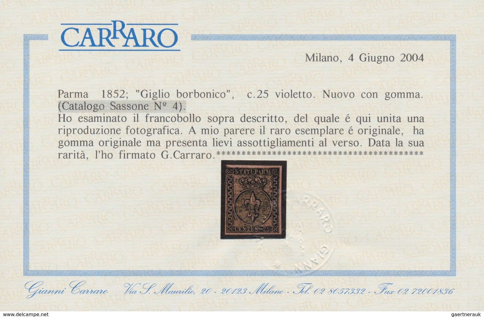 00782 Italien - Altitalienische Staaten: Parma: 1852, 25 Centesimi Violet, Unsued With Gum, Slight Thinnin - Parme