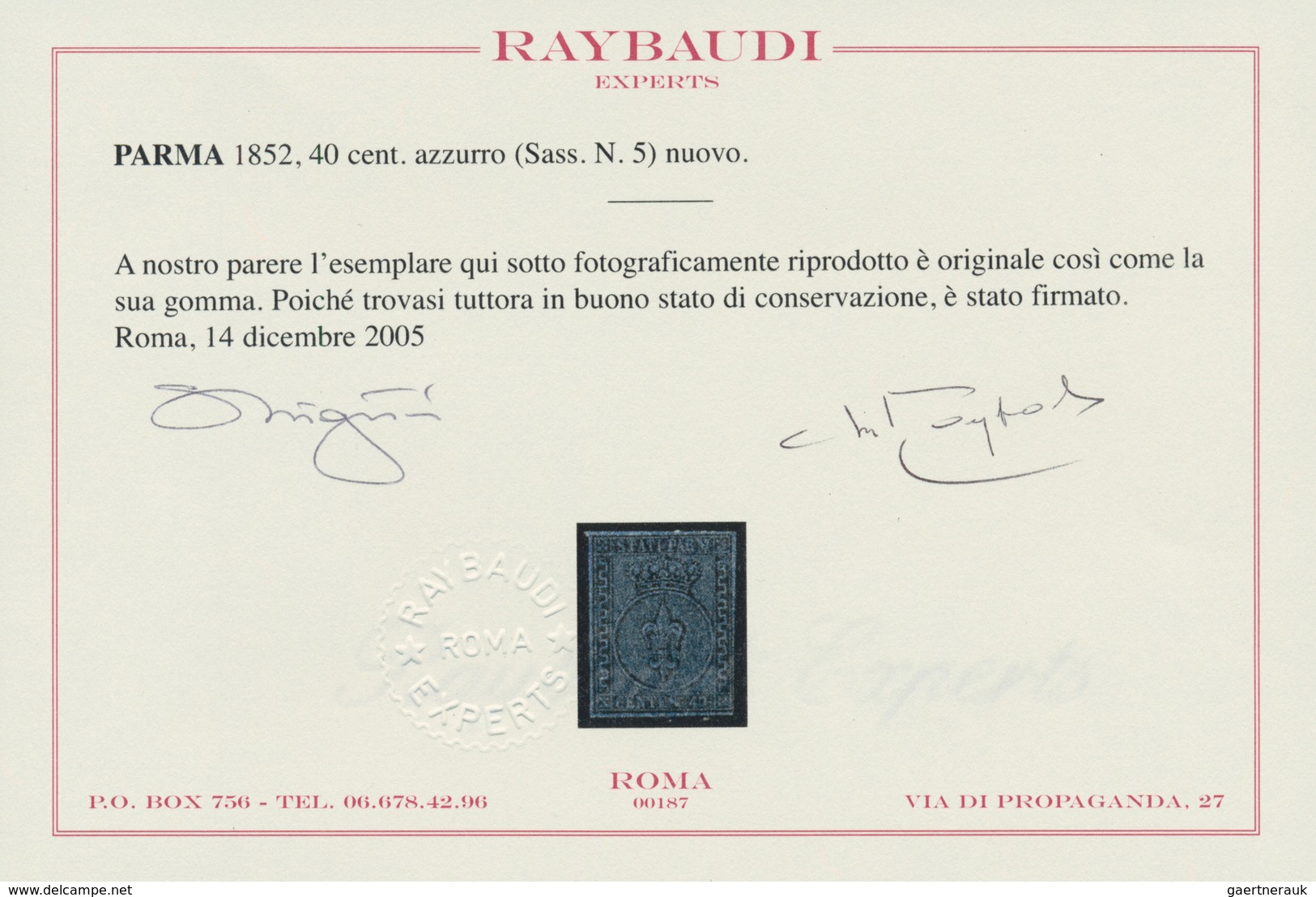 00783 Italien - Altitalienische Staaten: Parma: 1852: 50 Cents Black On Blue, Mint With Original Gum. Rayb - Parma