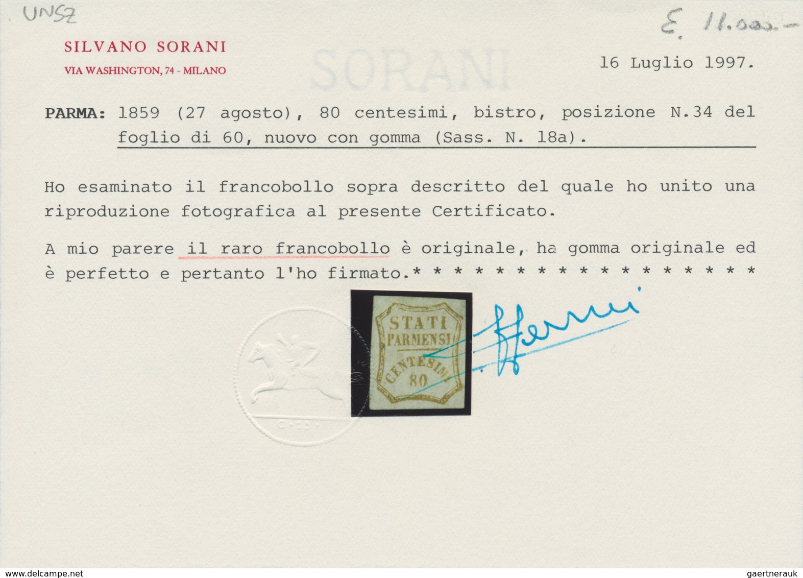 00789 Italien - Altitalienische Staaten: Parma: 1859, Provisorial Government, 80 Cent, Bistre. Position 34 - Parme
